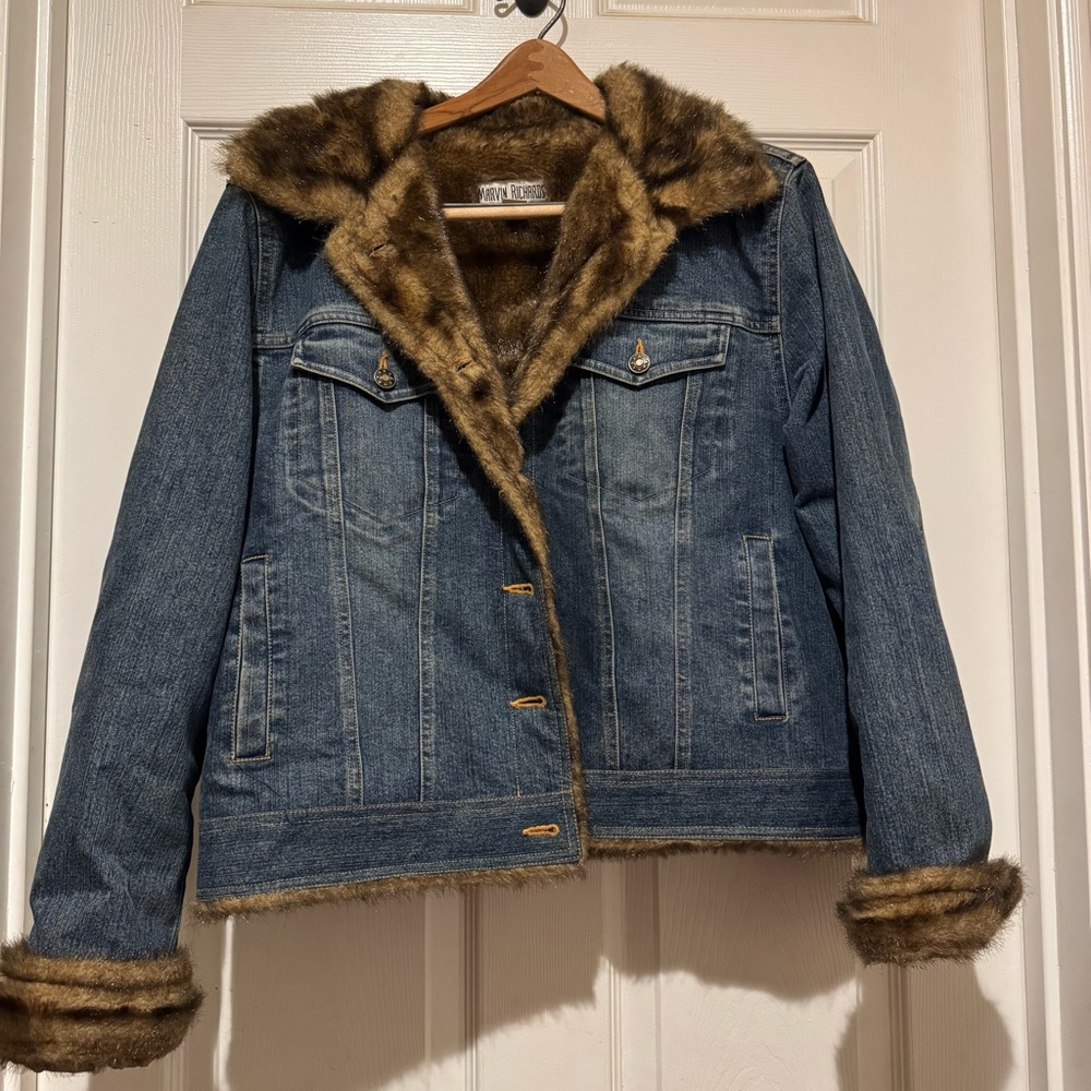 Blue Denim Jacket with Faux Fur TrimMob Wife size XL money flashy dramatic loud - Picture 2 of 8